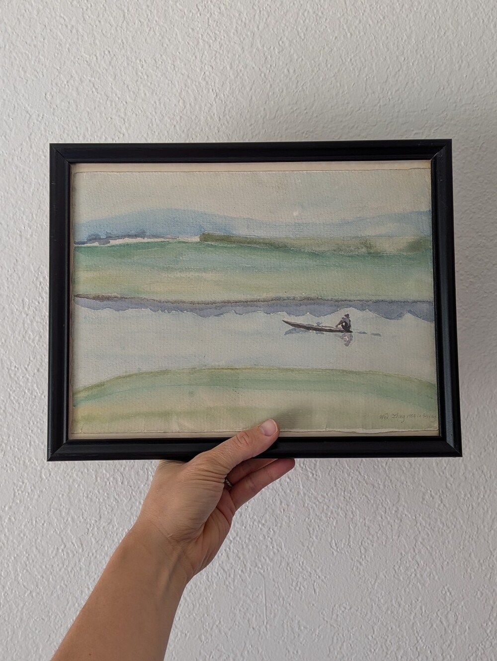 Original Watercolor Art Framed Fishing  Mountain Landscape Signed Beijing 1984